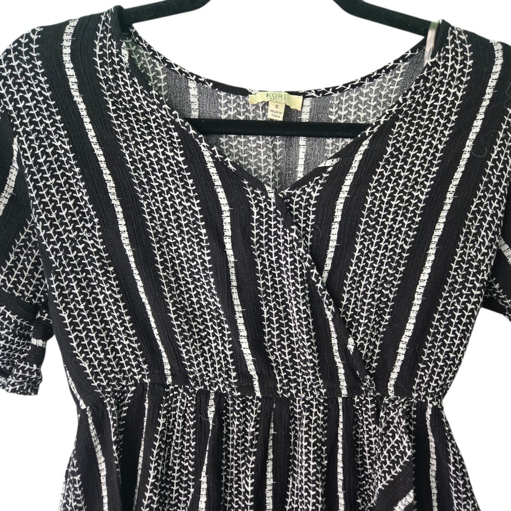 Kori America Womens Small Black White Stripe High Low Ruffle Wrap‎ Dress